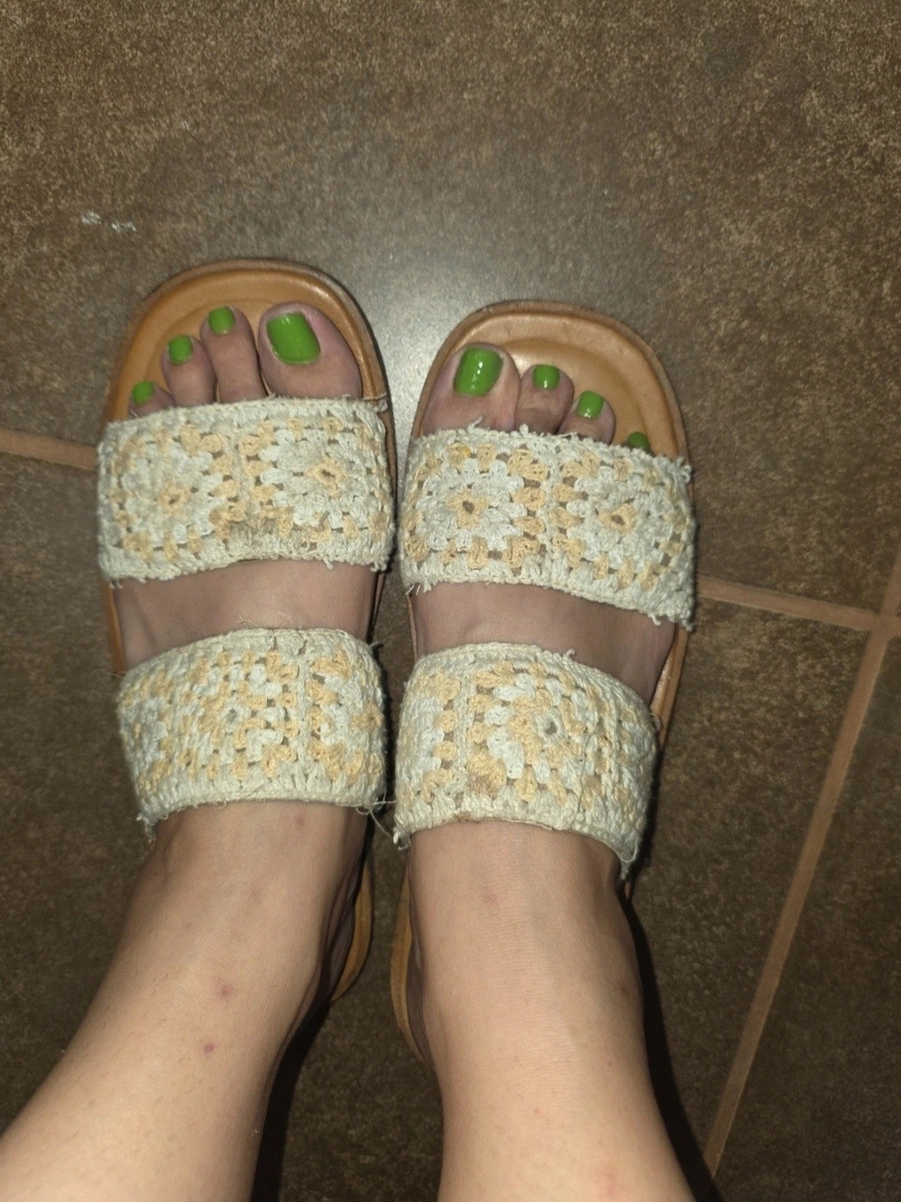 Free People Crochet Double-Strap Slide Sandals in Cream and Tan